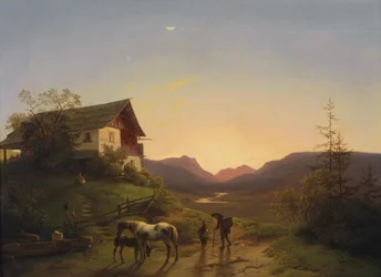 Crépuscule devant un vaste paysage avec des chevaux